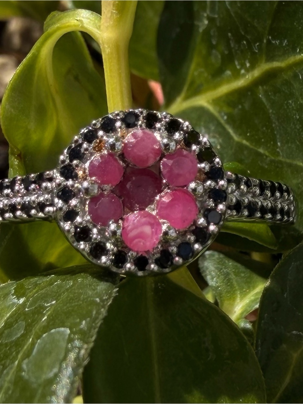 Sterling Silver Rhodium Plated AA Ruby & Black Spinel Ring Sz 8 | 0.71 CTW